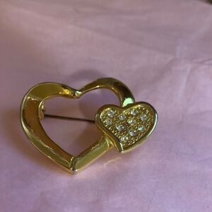 Gold Heart Pin Brooch with Crystal Accent - Women Jewelry